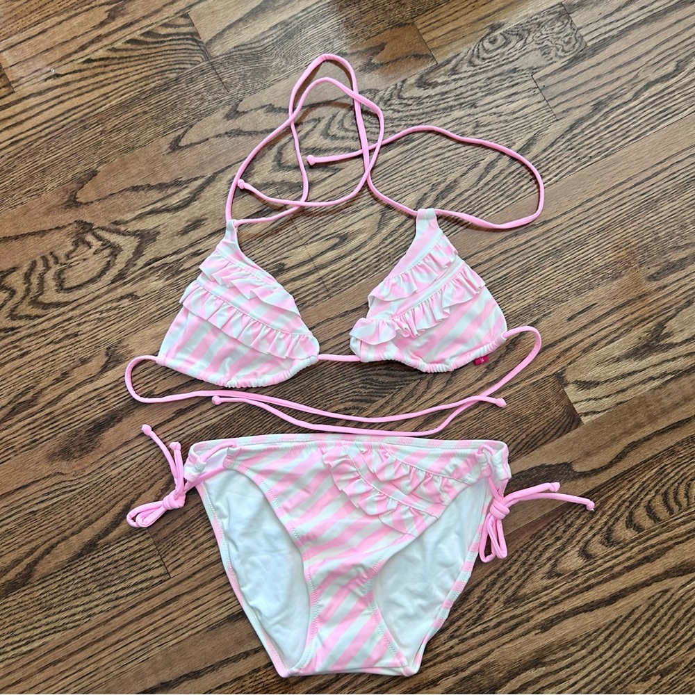 Victoria's Secret NWOT medium bikini pink white ruffle double string